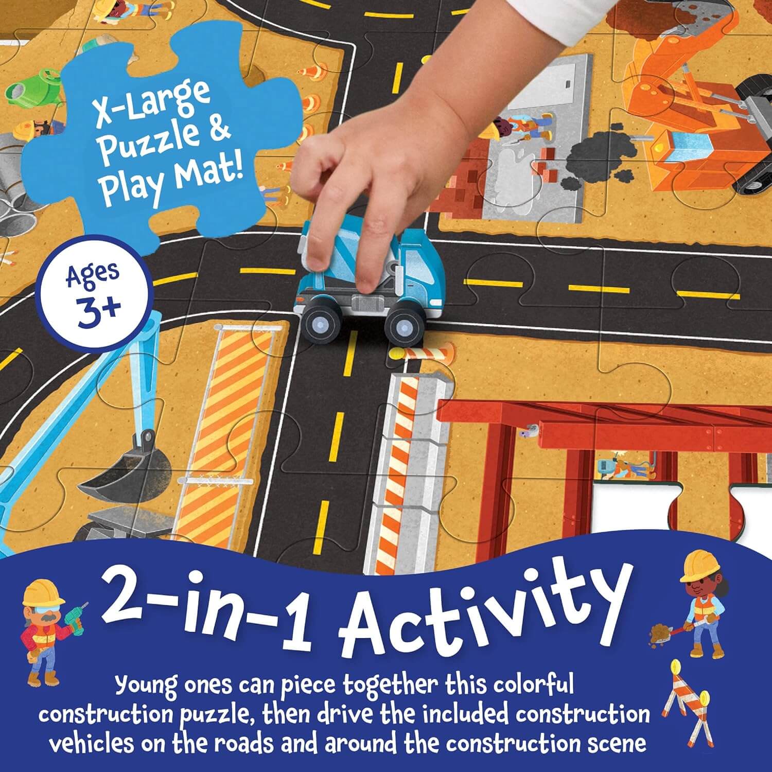 Puzzle & Play: Construction Site - Floor Jigsaw Puzzle - Includes 3 Wooden Construction Vehicles